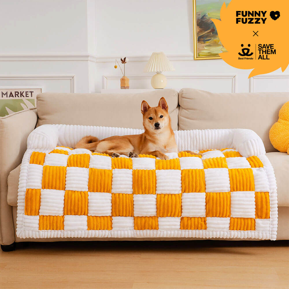 Cream Square Plaid Cozy Dog Mat Furniture Protector Cover