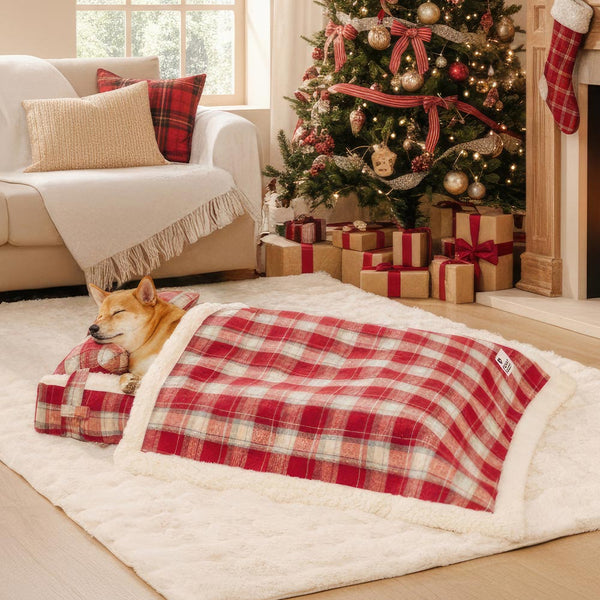 Vintage Plaid Plush Detachable Orthopedic Dog Bed with Pillow - Puppy Snug