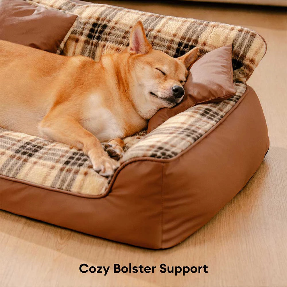 Vintage Plaid Plush Orthopedic Dog Sofa Bed with Pillows - CozyLuxe