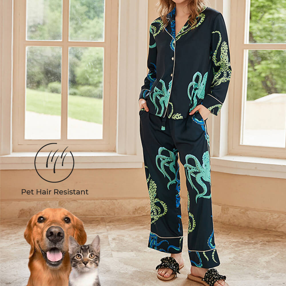 Elegant Animal Print Satin Long Sleeve Pajama Set