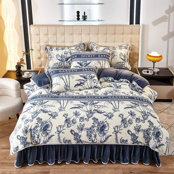 Conjunto de sábana de terciopelo de patrón botánico elegante