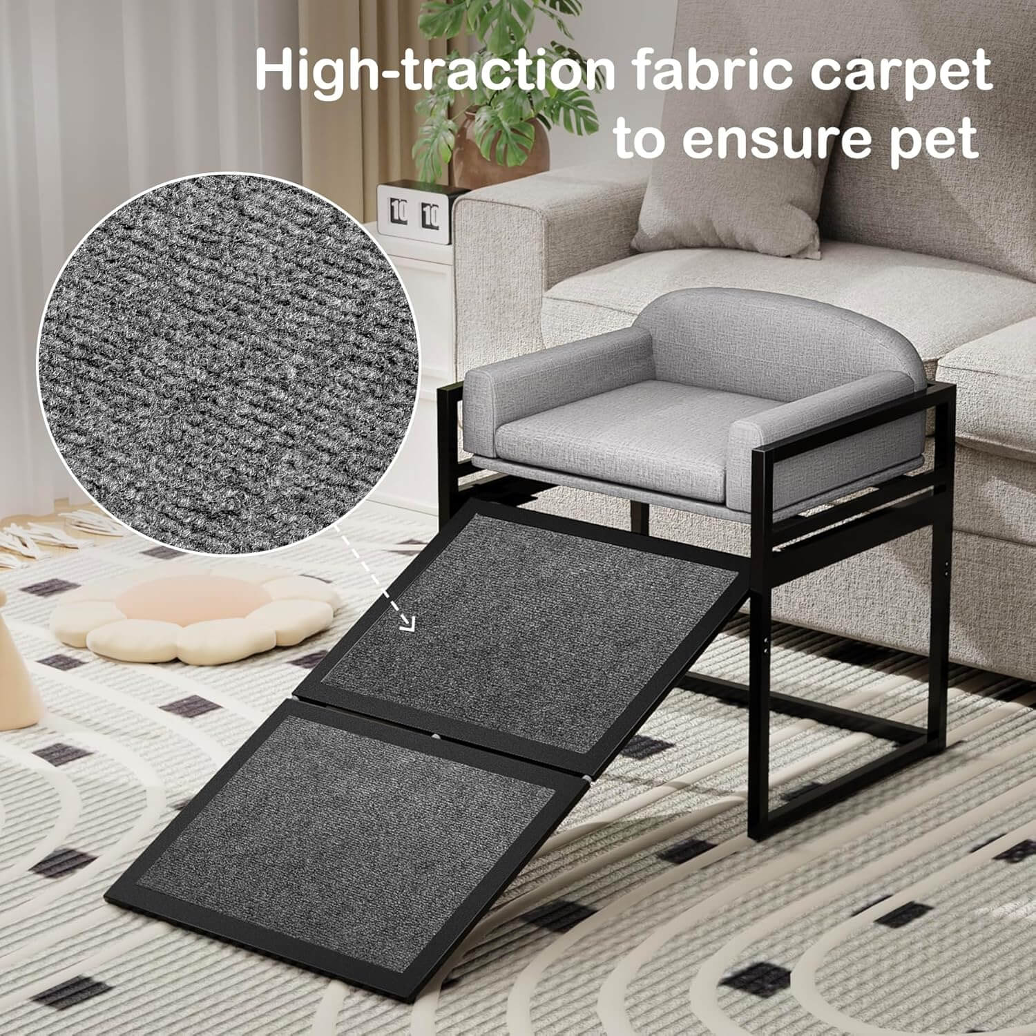 Elevated Pet Sofa Bed with Stairs Ramp for Bedside Lounge or Dog Window Perch