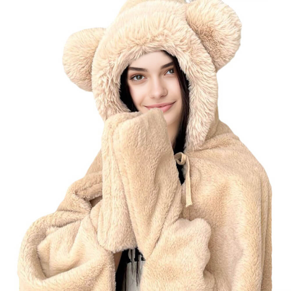 Bear Ear Soft Plush Wearable Hooded Throw Blanket Cape