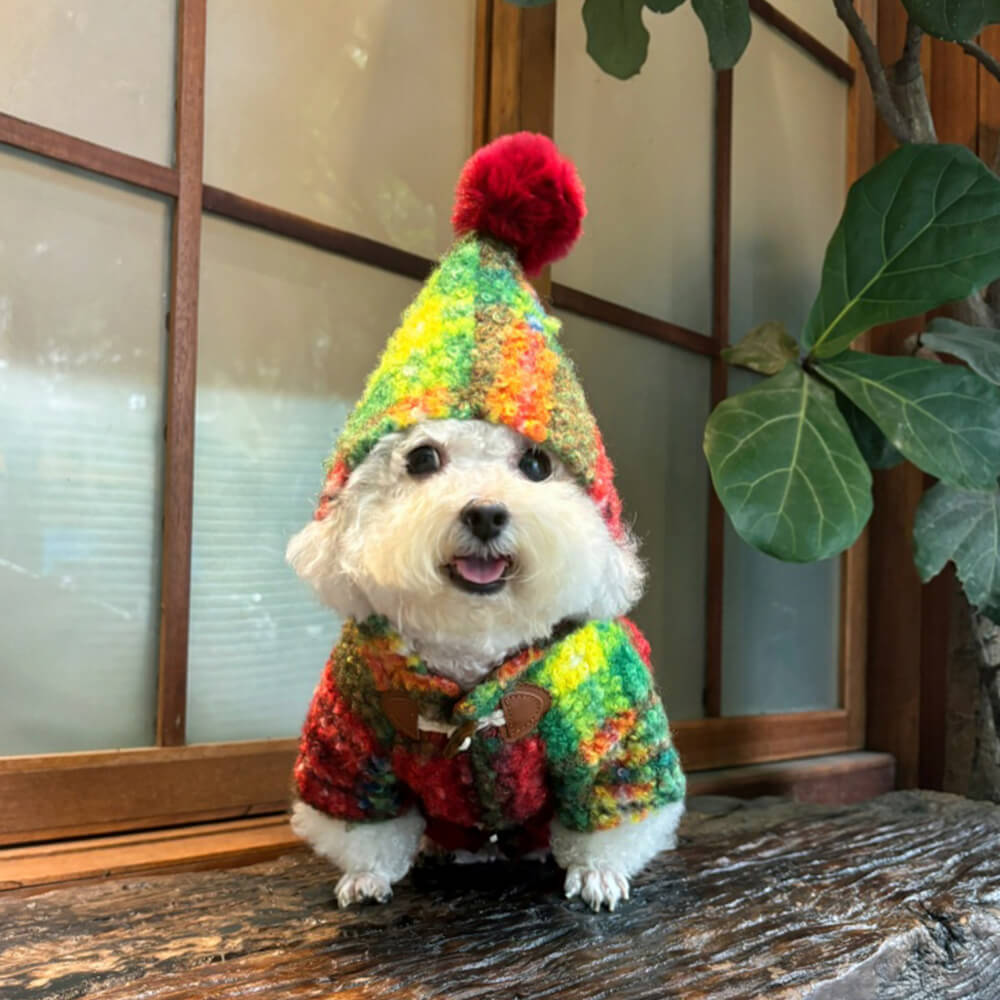 Christmas Plaid Woolen Warm Pom Pom Hooded Dog Coat