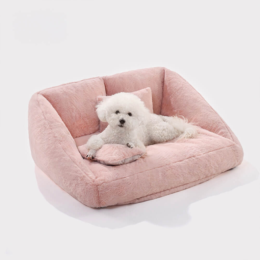 Grand canapé-lit double pour chien en peluche rose avec coussin