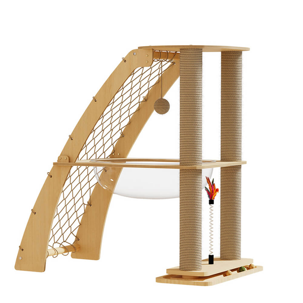 Solid Wood Cat Scratching Post with Space Capsule and Climbing Net