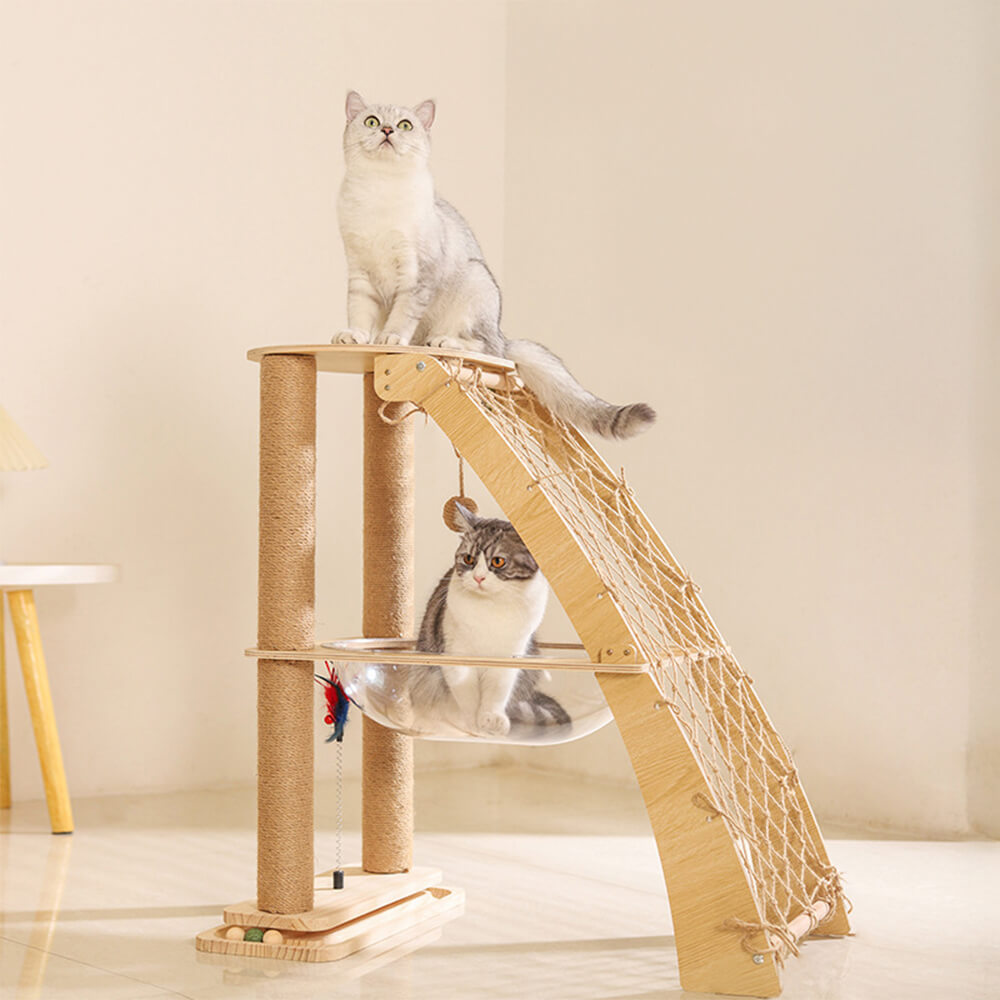 Solid Wood Cat Scratching Post with Space Capsule and Climbing Net