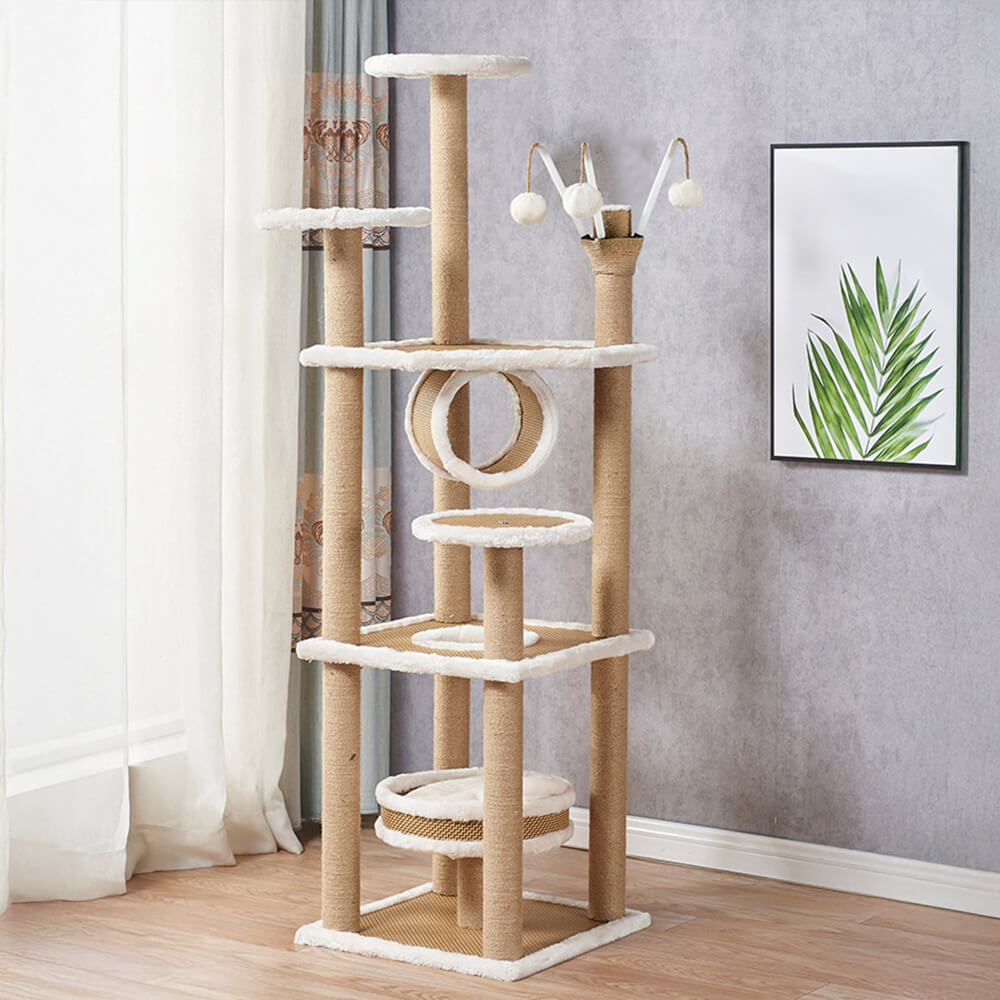 Breathable Rattan-Weave Sisal Multi-Level Cat Tree with Cozy Bed