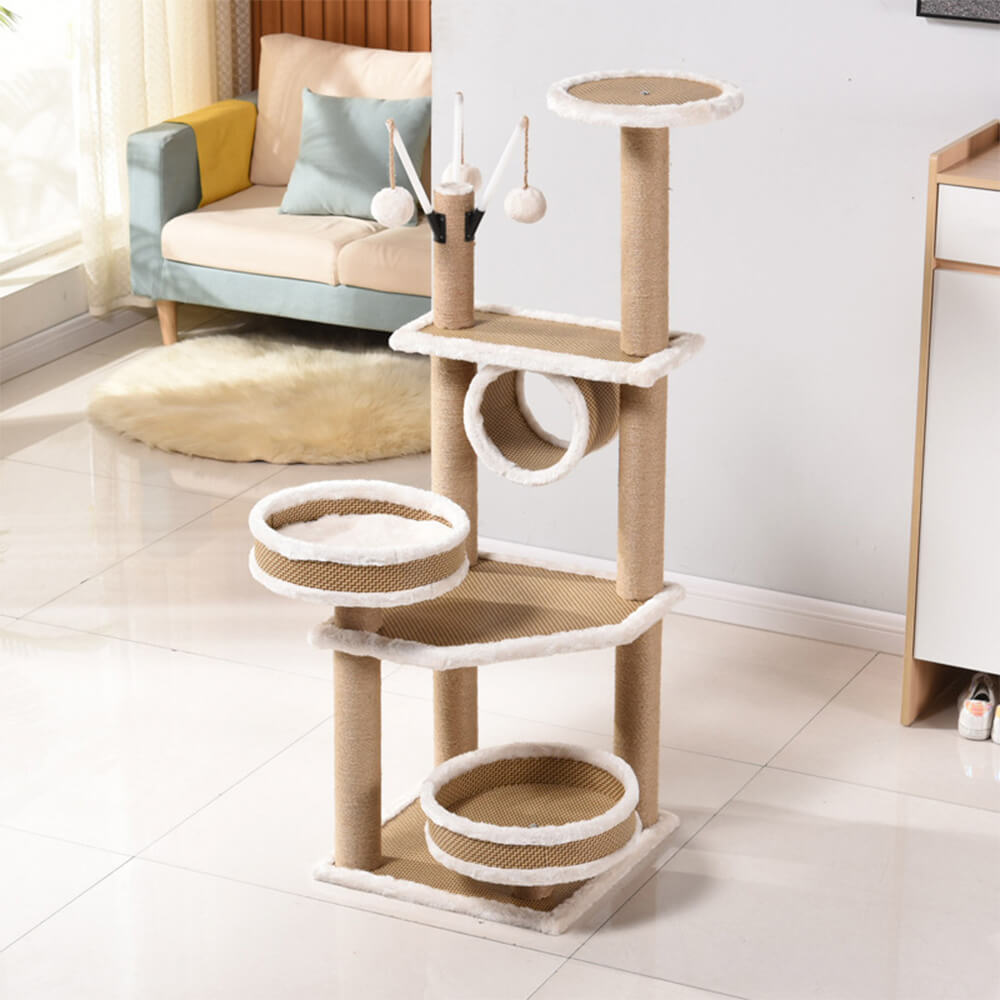 Breathable Rattan-Weave Sisal Multi-Level Cat Tree with Cozy Bed