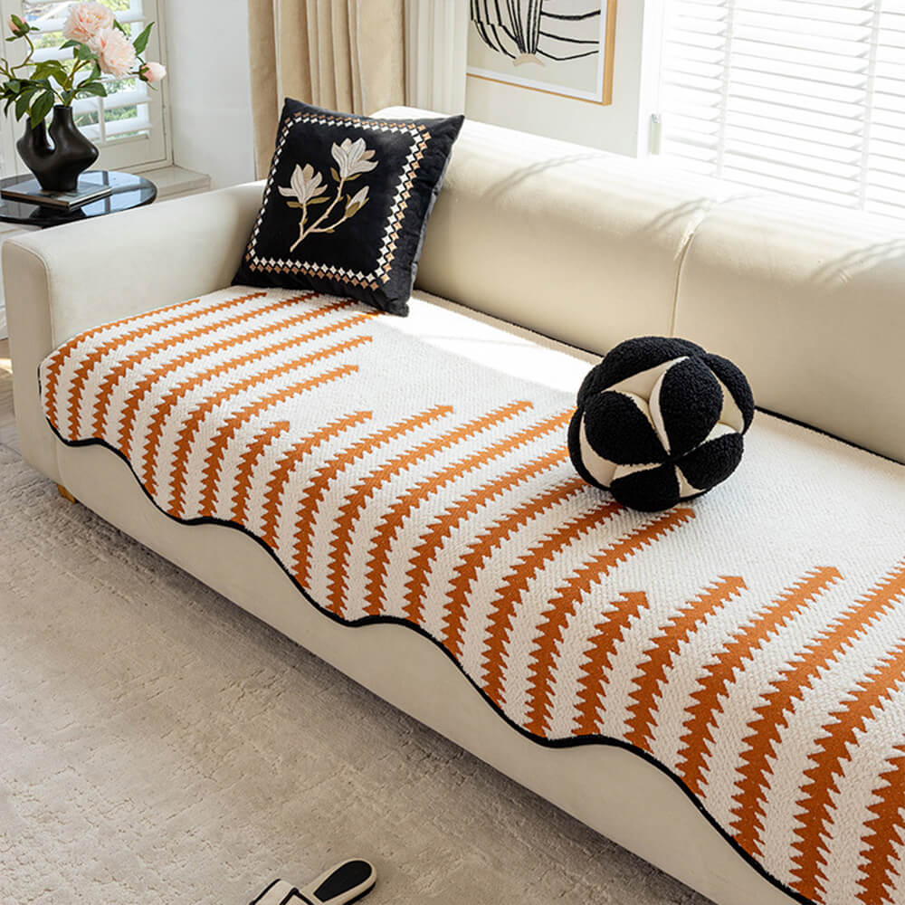 Modern Chevron Stripes Chenille Couch Cover with Wavy Edges
