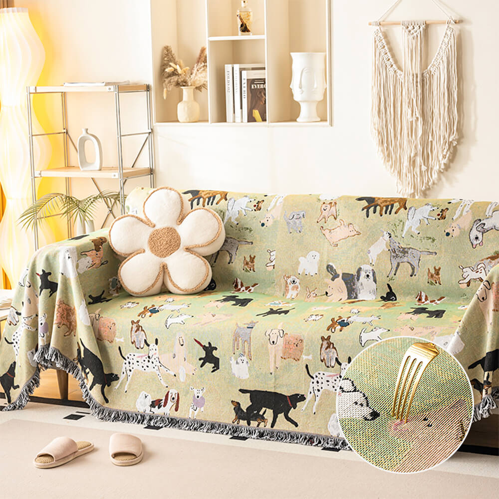 Dog Park Themed Anti-Scratch Tassel Edge Throw Couch Cover