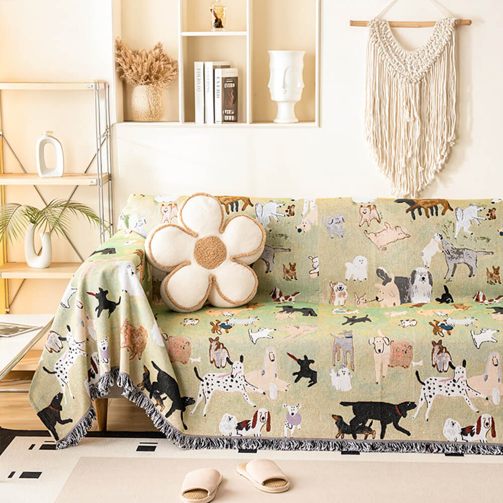Dog Park Themed Anti-Scratch Tassel Edge Throw Couch Cover