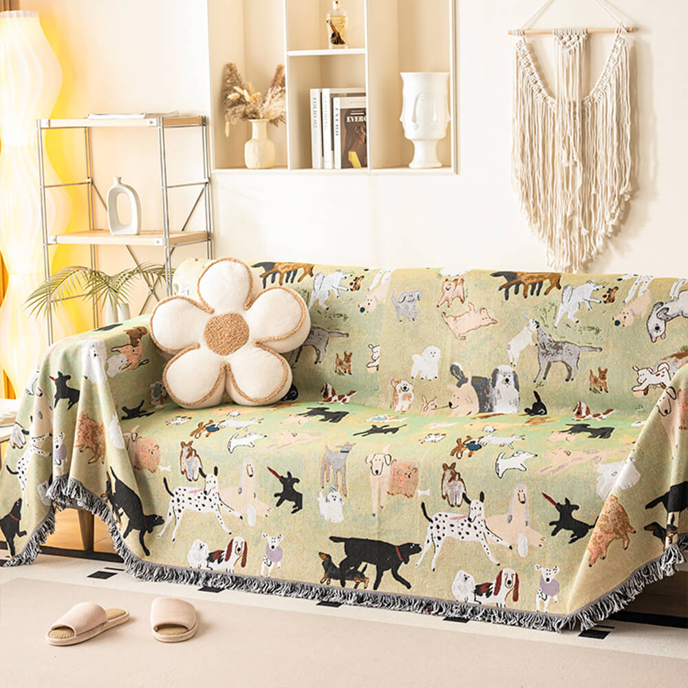 Dog Park Themed Anti-Scratch Tassel Edge Throw Couch Cover