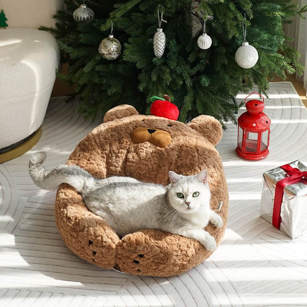 Festive Adorable Apple-Shaped Plush Cat Bed