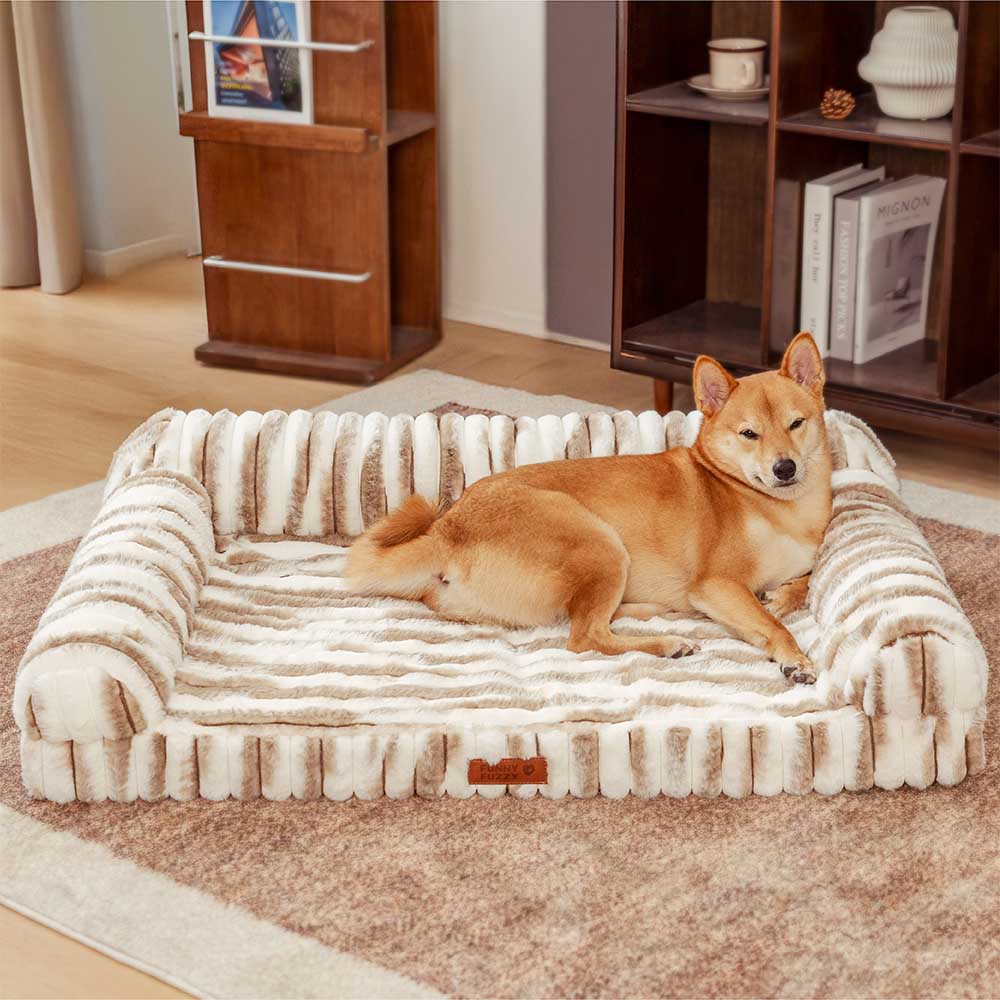 Lit pour chien avec traversin orthopédique à rayures moelleuses - Luxe Comfort