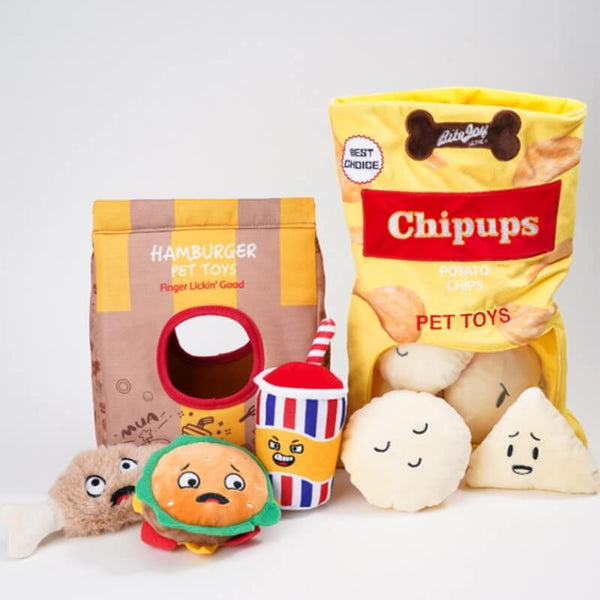 Divertidos papas fritas hamburguesa para perros cheque de masticación