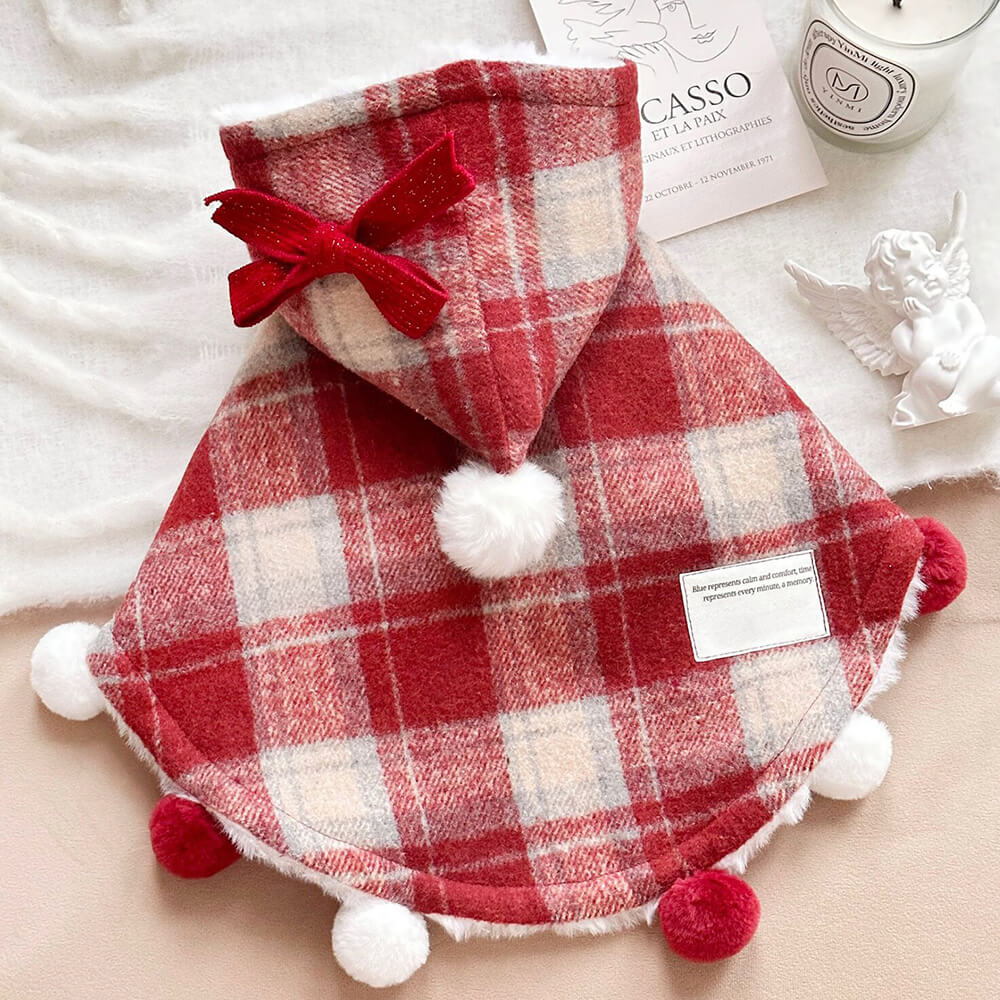 Christmas Plaid Faux Mink Fur Hooded Pom Pom Dog & Cat Cape