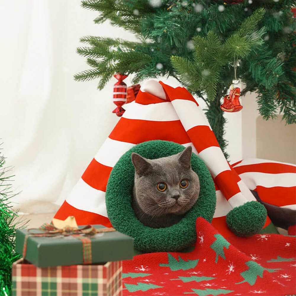 Classic Christmas Hat Warm Washable Semi-Enclosed Cat Cave Bed