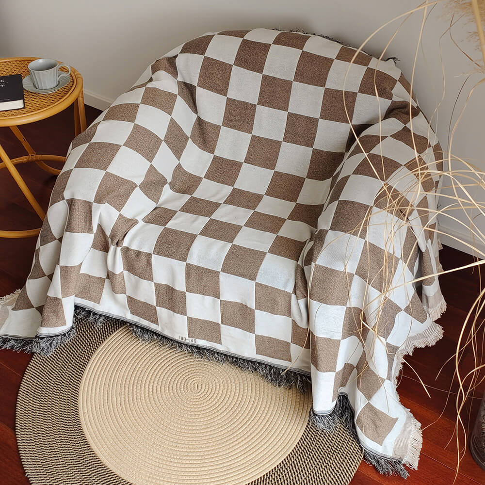 Color Block Checkerboard Fringe Trim Sofa Blanket Couch Cover