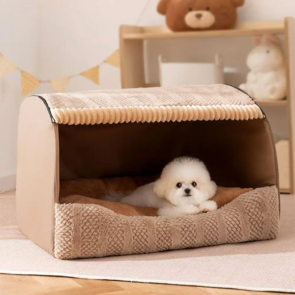 Cozy Cabin Portable Semi-Enclosed Dog Bed with Roof Warming And Durable