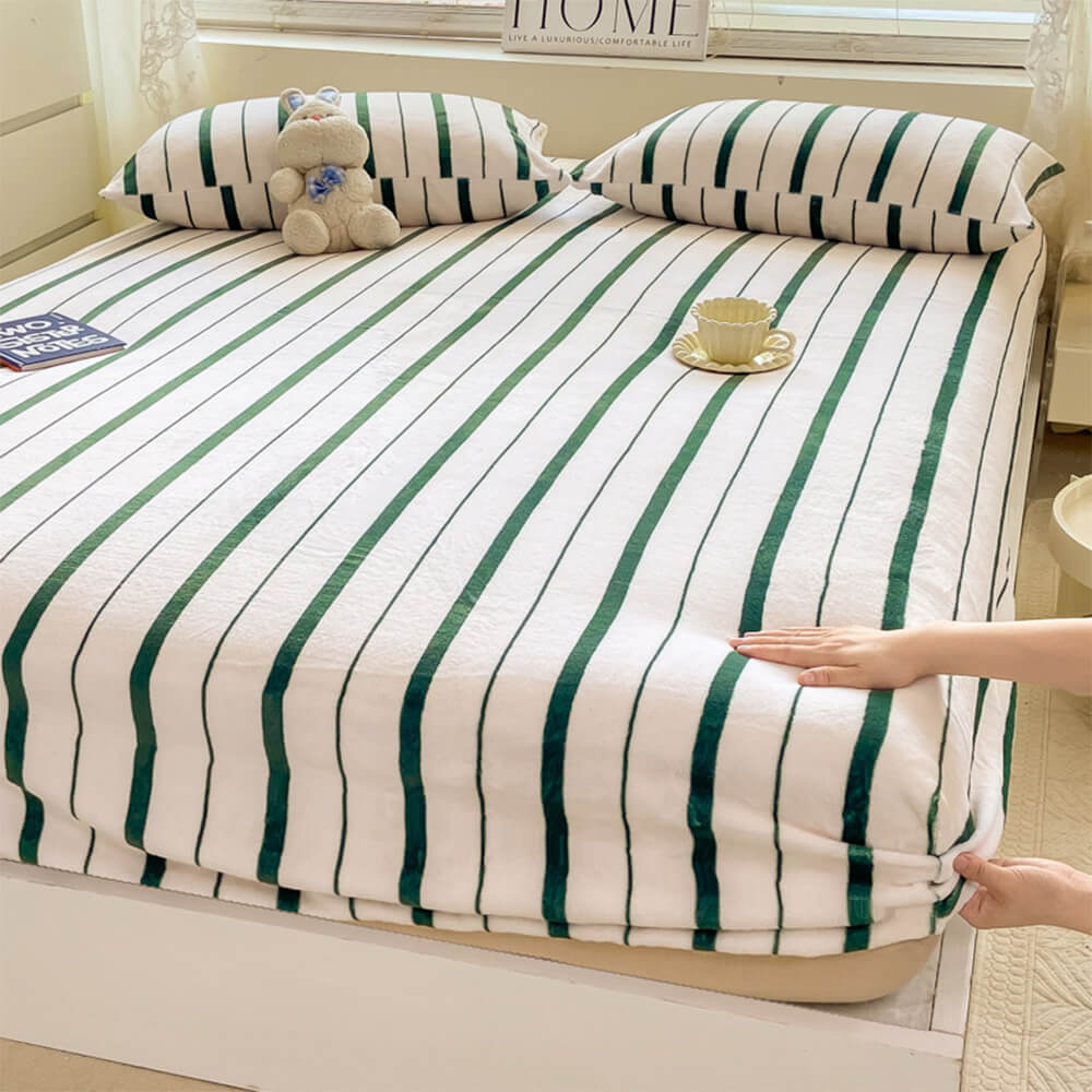 Elegant Striped Milk Velvet Non-Slip Fitted Sheet Set