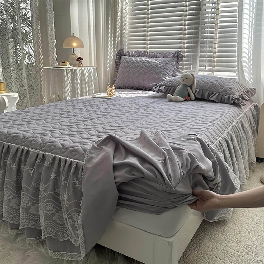 Fresh Floral Quilted Fitted Sheet Mattress Cover with Lace Trim and Skirt Protection