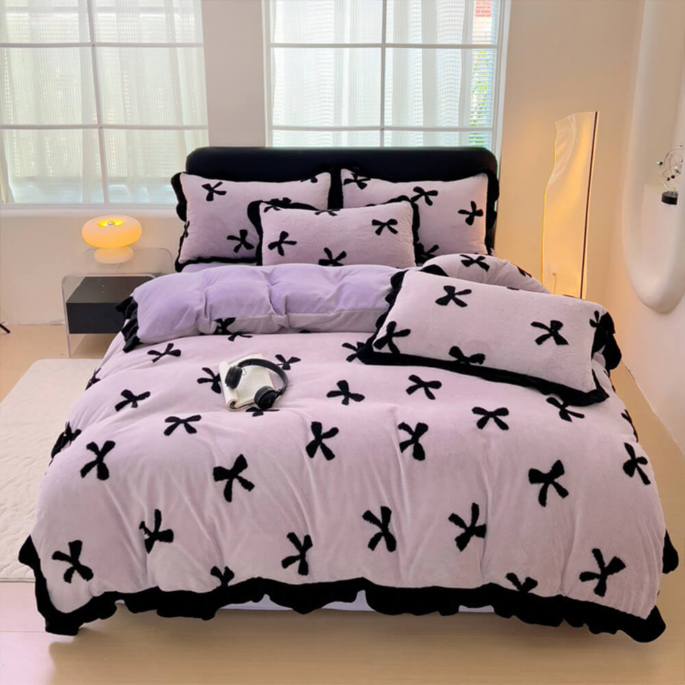 Romantic Bow knot Anti-Static Warm Milk Velvet Bed Sheet Set