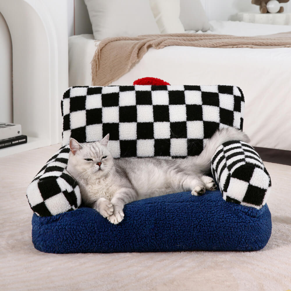 Vintage Checkered Washable Cozy Support Calming Dog & Cat Sofa Bed