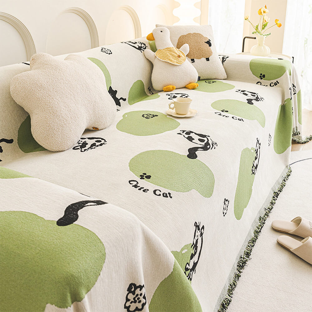 Whimsical Cat Decor Chenille Scratch-Resistant Sofa Throw Couch Cover