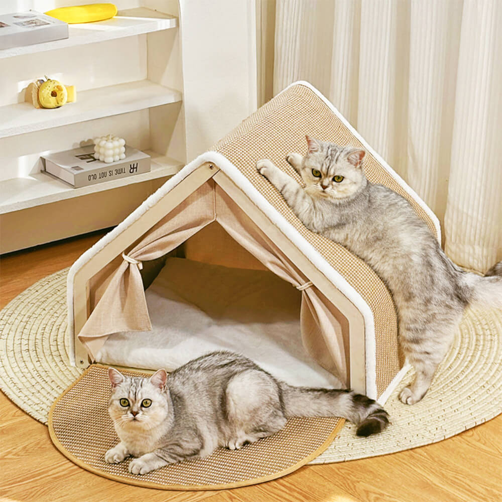 Tienda de gato todo en uno con techo rayado y área acogedora para dormir