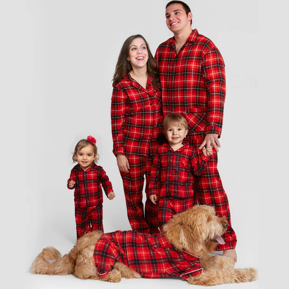 Red Checkered Full-Body Skin-Friendly Matching Pajamas for Dog and Owner