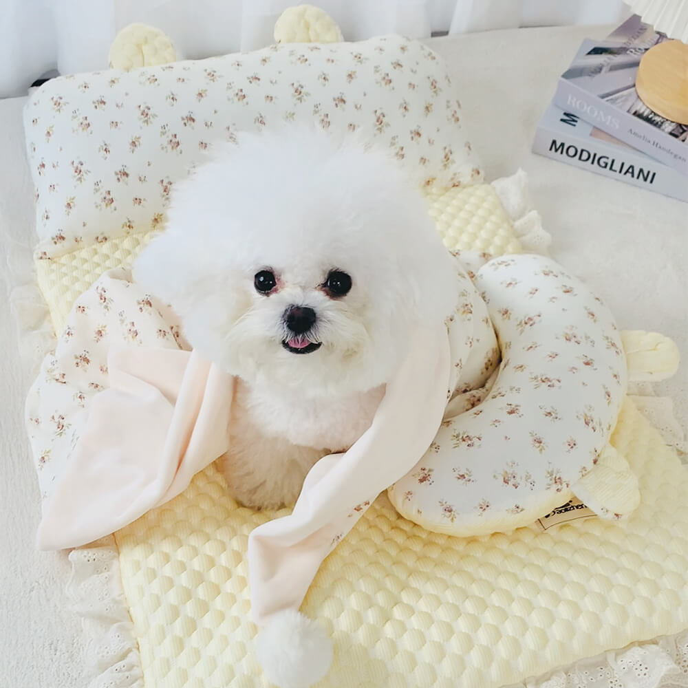 Floral Ice Silk Dog & Cat Cooling Mat Neck Support with Pillow
