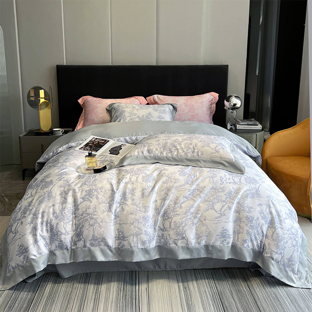 Nordic Floral Print Natural Ice Silk Washed Summer Bed Sheet Set