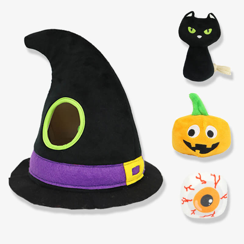Halloween-Hexenhut, quietschender Kürbis, schwarze Katzenaugen, Hund, vierteiliges Spielzeug-Set