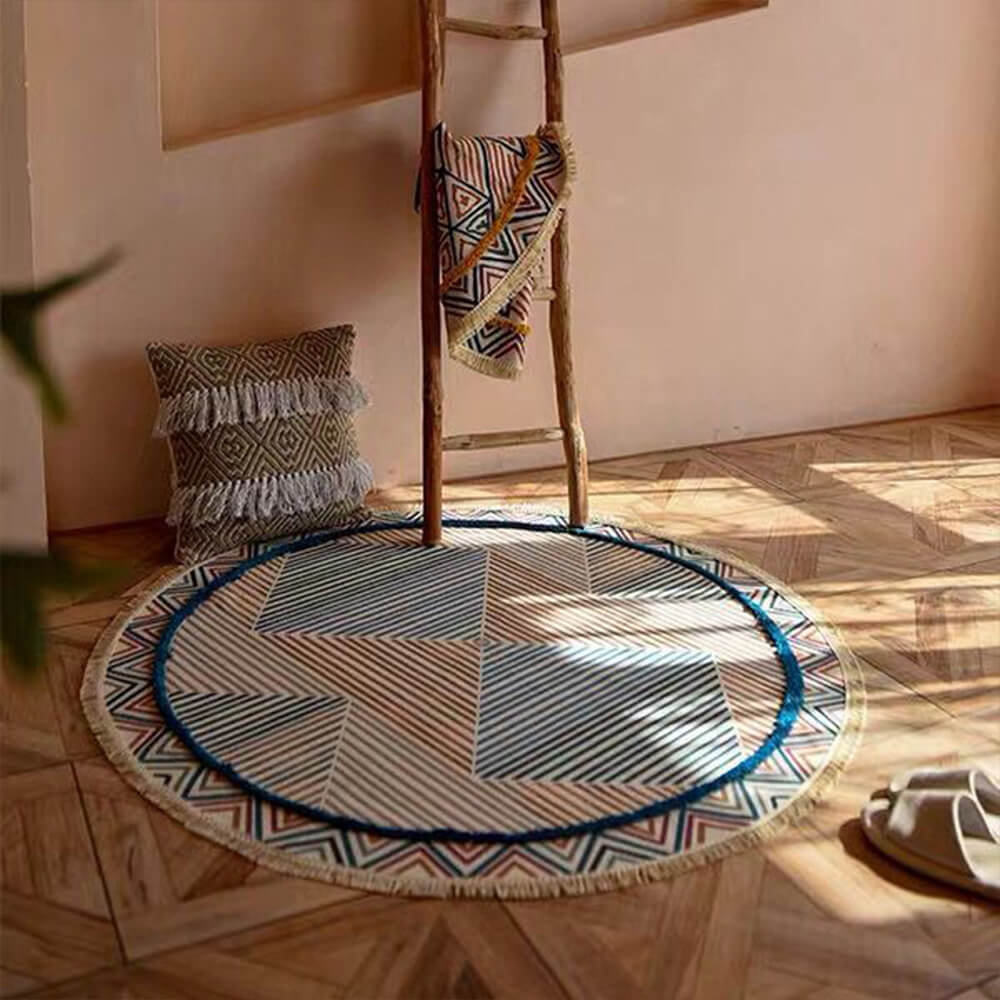 Alfombra redonda vintage de lino de algodón tejido a mano