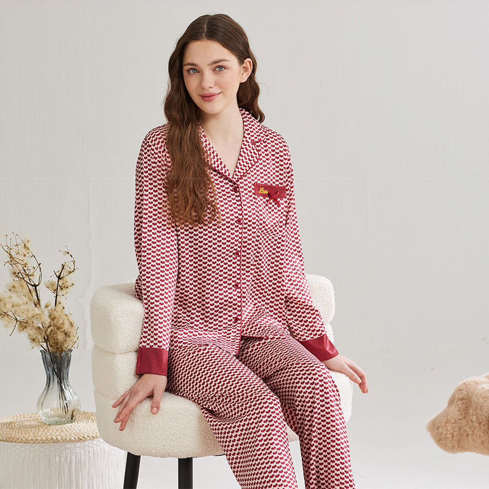 Houndstooth Print Ice Silk Long Sleeve Women's Pajama Set