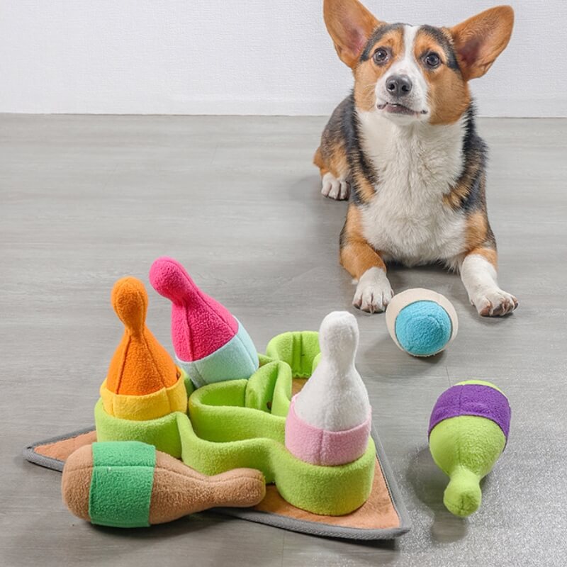 Jouet distributeur de friandises pour chien, puzzle de bowling interactif