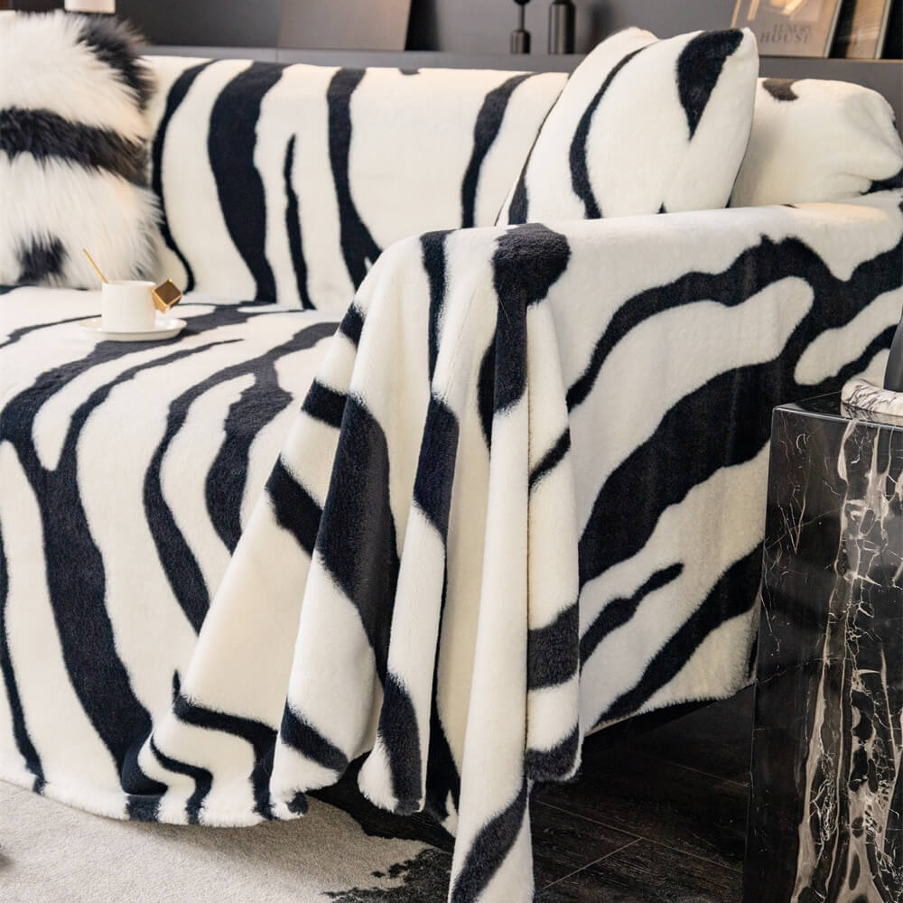 Luxurious Zebra-Print Fluffy Plush Sofa Protector Stylish Couch Cover