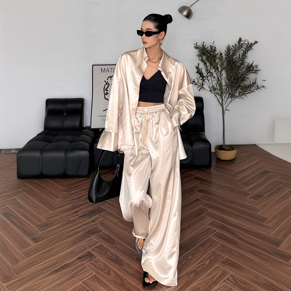 Luxury Satin Pleated Texture Women's Long Sleeve Shirt Set