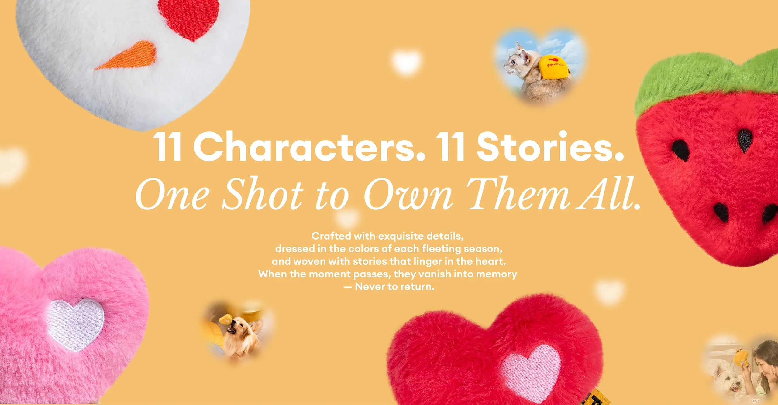 Close-up of plush heart toys with text “11 Characters, 11 Stories” for the FunnyFuzzy 2025 collector set.
