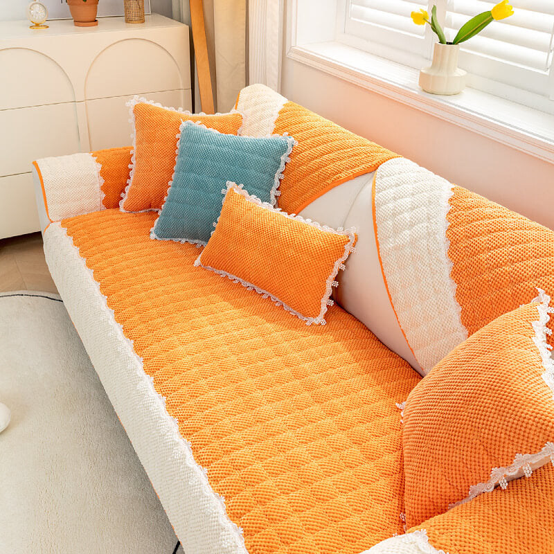 Corduroy Colour Block Non-slip Couch Cover with Lace