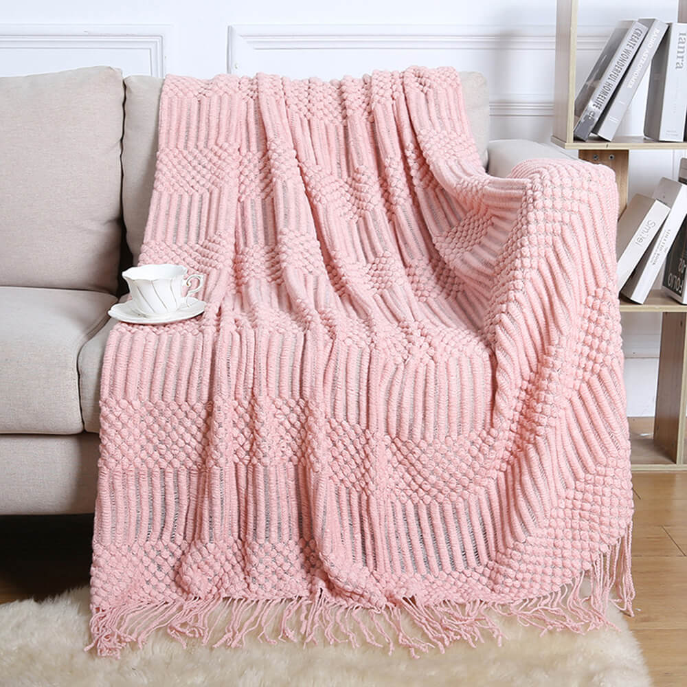 Luxuriously Soft Cozy Knitted Fleece Fringed Edges Throw Blanket