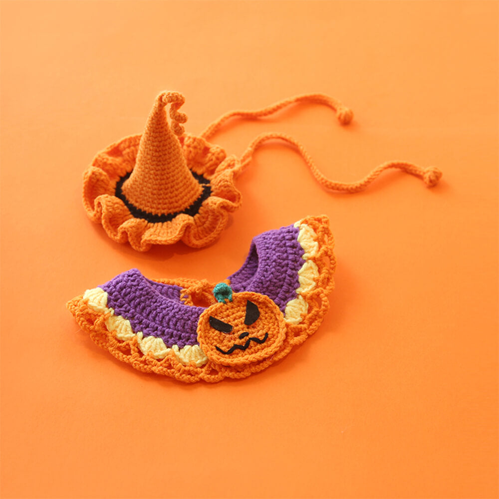 Halloween Pet Costume Handmade Knitted Pumpkin Collar and Witch Hat