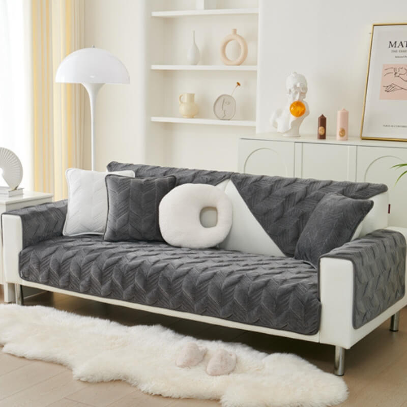 Suede Plush Elegant Pattern Sofa Protective Non-Slip Couch Cover