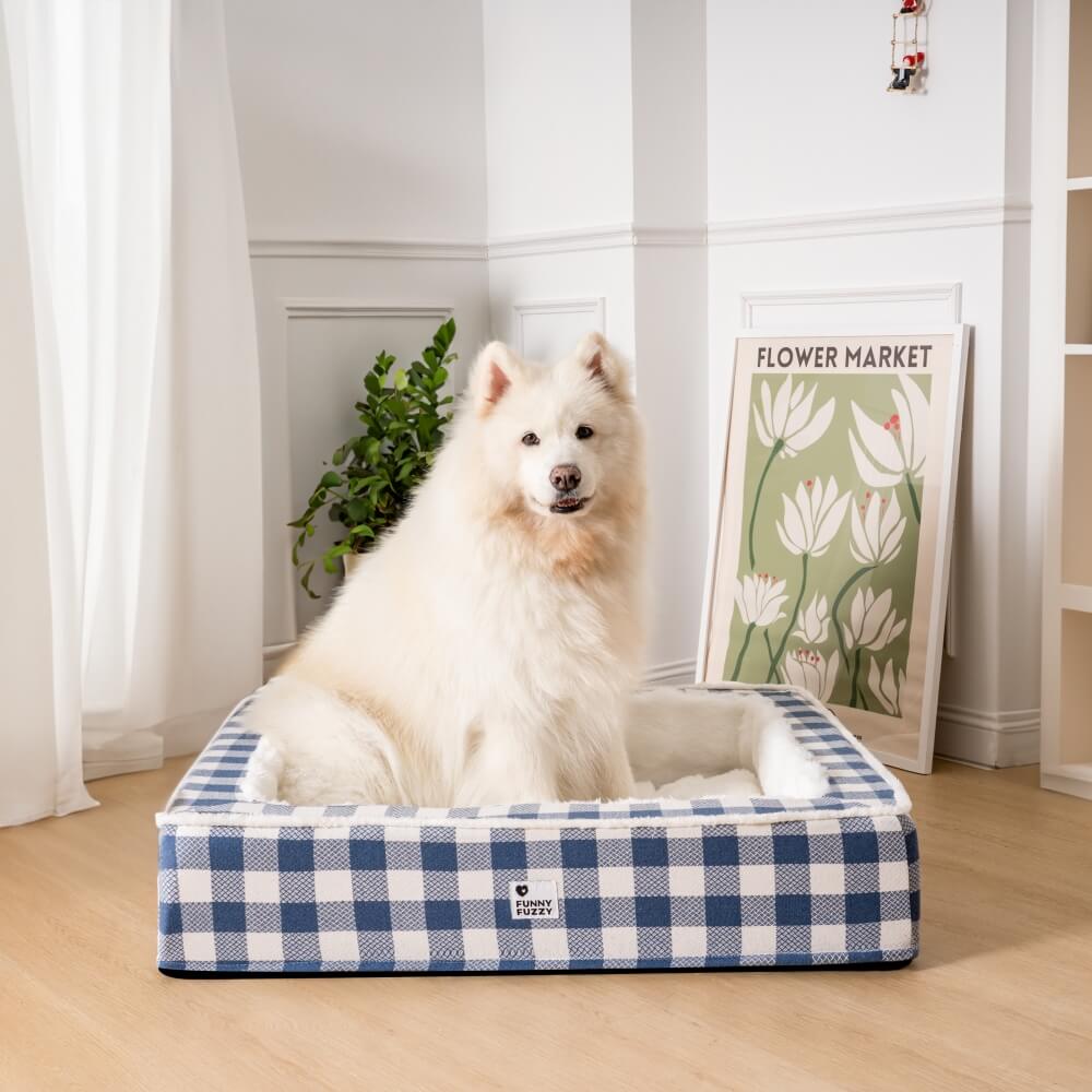 Festliches, klassisches Schottenkaro, gemütliches Anti-Angst-Beruhigungsbett für Hunde
