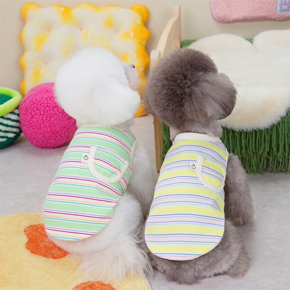 Ropa para mascotas, chaleco de dos patas a rayas con bolsillo a rayas coloridas y cara sonriente, ropa de verano para perros y gatos