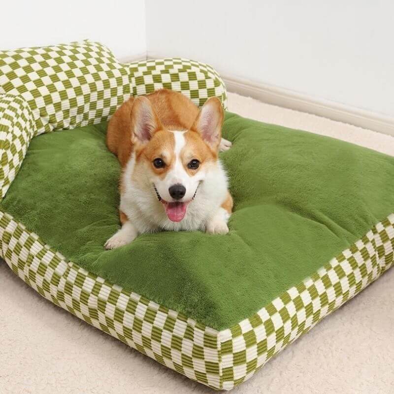 Sofá para mascotas con respaldo completo, sofá cama para perros y gatos de felpa con tablero de ajedrez